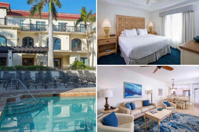 Collage of a hotel with a pool, a bedroom with a large bed, and a living room with sofas and a kitchen area.