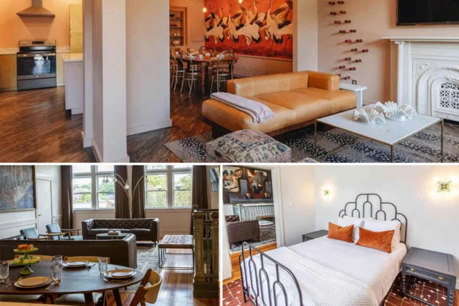 A collage of three interiors: a modern kitchen and dining area, a living room with a fireplace and orange sofa, and a bedroom with a metal bed frame and decorative art on the walls.