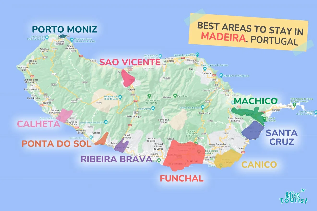 Map of Madeira, Portugal highlighting best areas to stay, including Porto Moniz, Sao Vicente, Machico, Santa Cruz, Canico, Funchal, Ribeira Brava, Ponta do Sol, and Calheta.