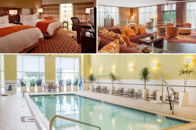 Hotel interior with a double bed room, a spacious lobby with seating, and an indoor swimming pool surrounded by chairs.