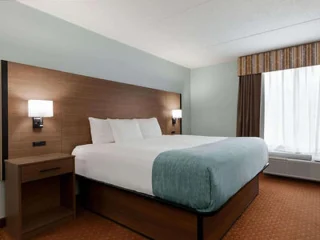 Hotel room with a large bed, two pillows, a bedside table, wall lamps, and a window with curtains.