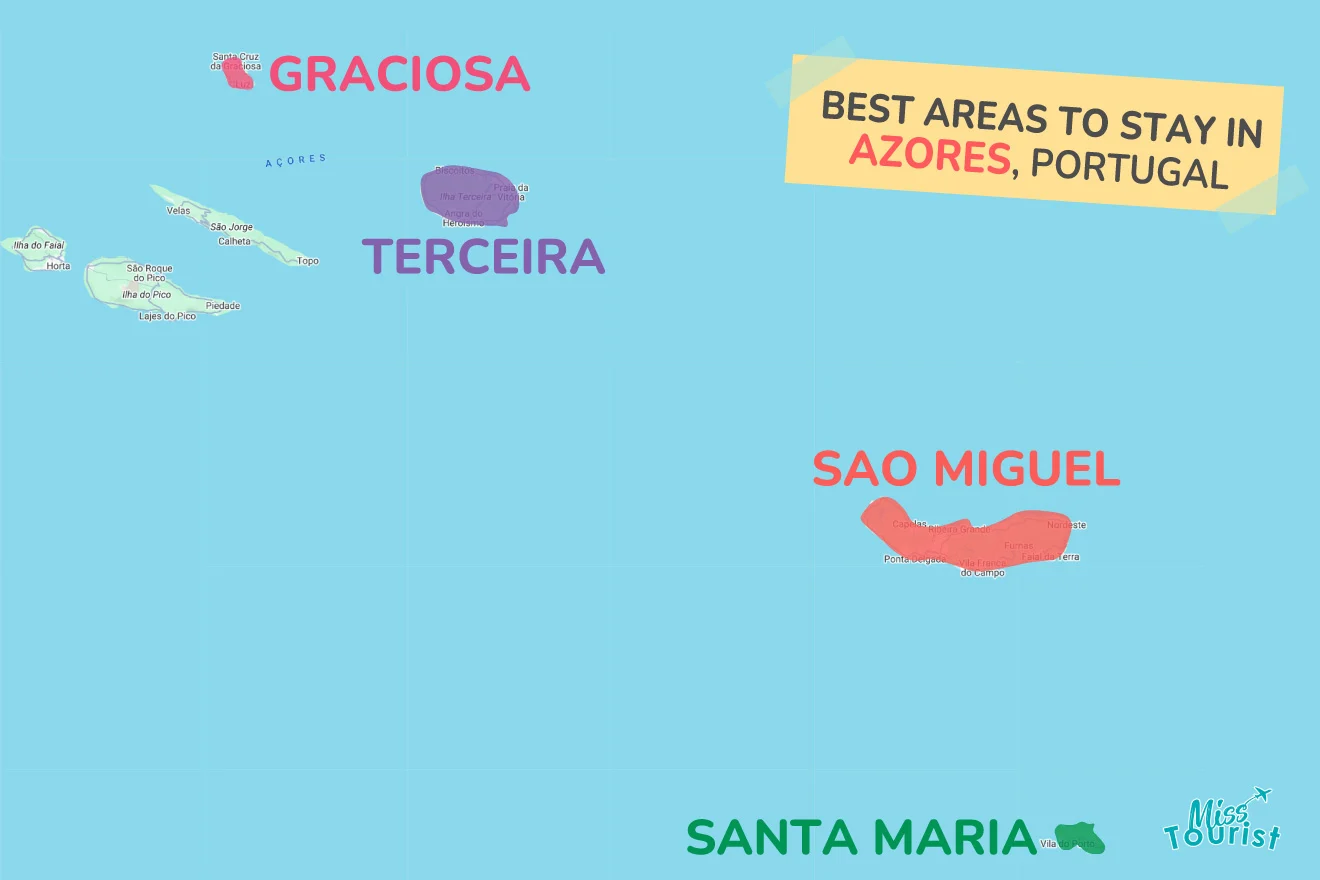 Map highlighting Graciosa, Terceira, Sao Miguel, and Santa Maria in Azores, Portugal, as recommended places to stay.