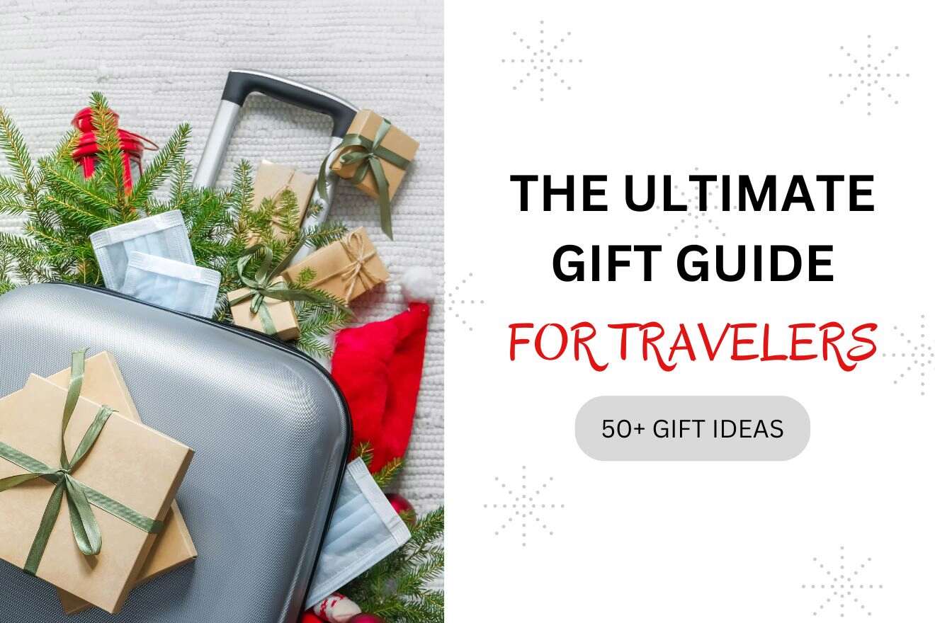 A suitcase with wrapped gifts and pine branches on a white surface; text reads "The Ultimate Gift Guide for Travelers, 50+ Gift Ideas.