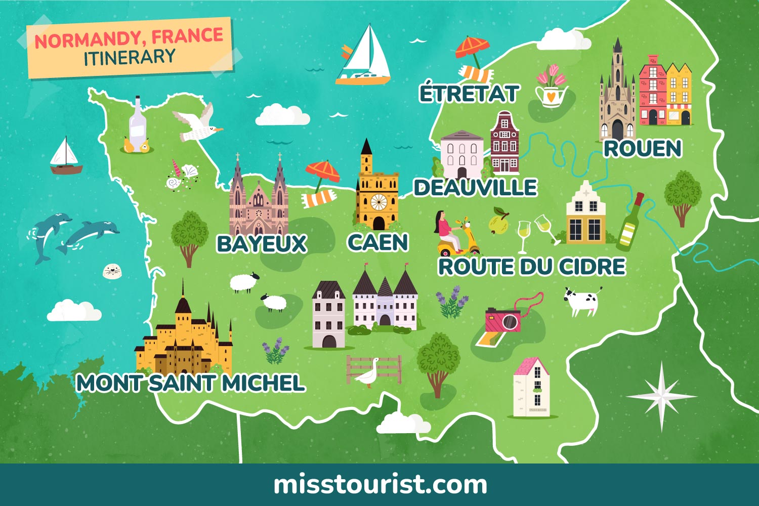 Illustrated map of Normandy, France, highlighting tourist spots like Mont Saint Michel, Bayeux, and Rouen, with icons representing local attractions and activities.