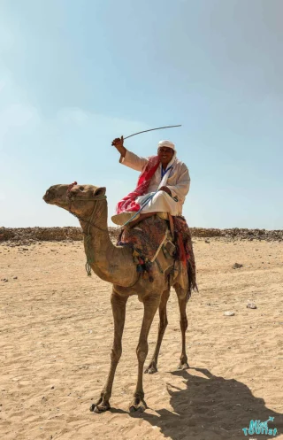 A person wearing traditional clothing rides a camel with a raised stick in a desert landscape.