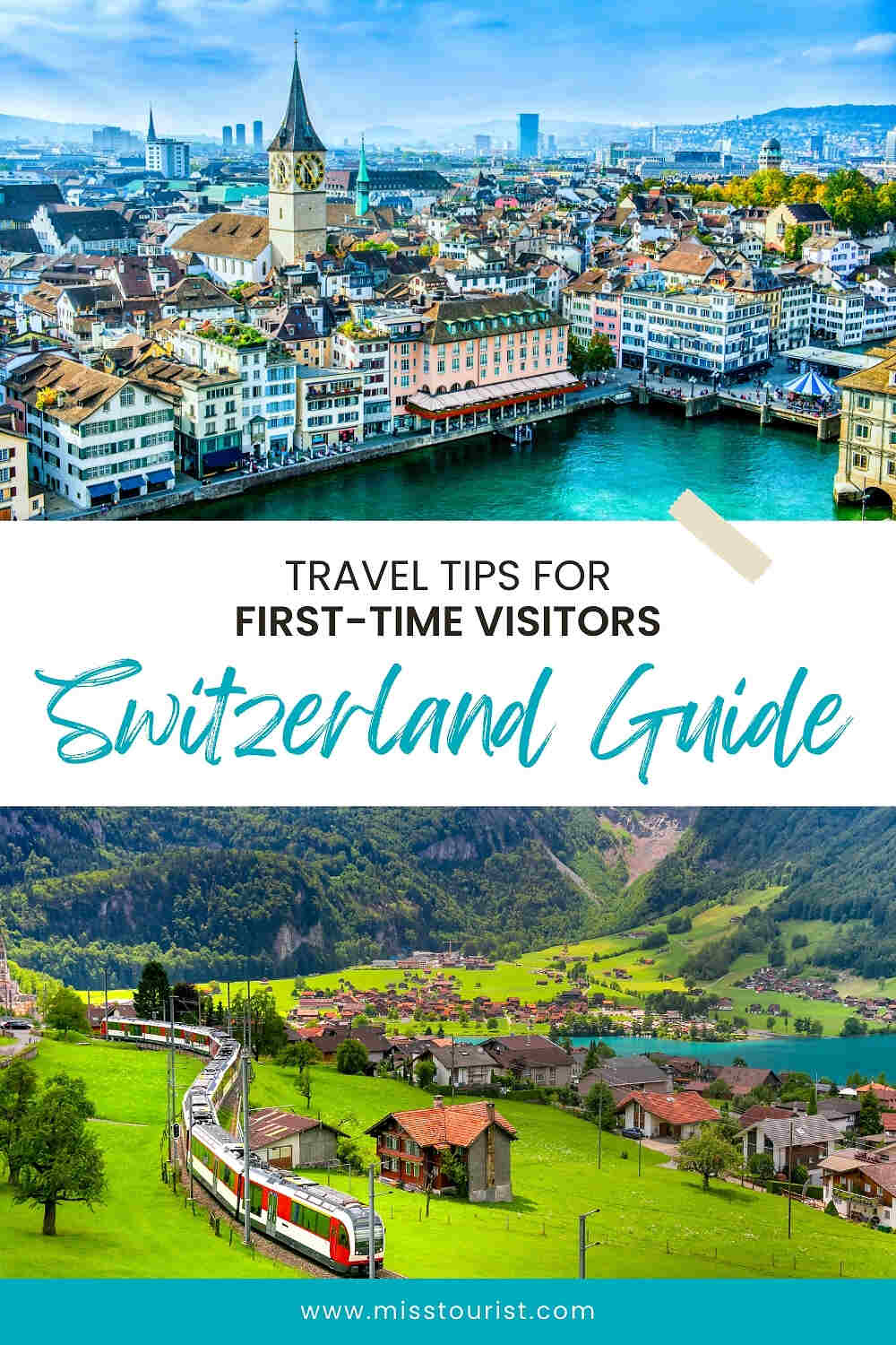 Aerial view of a Swiss city by a river, with a church and traditional houses. Below, a train passes through a scenic rural landscape with green hills and scattered homes. Text: Switzerland Guide.