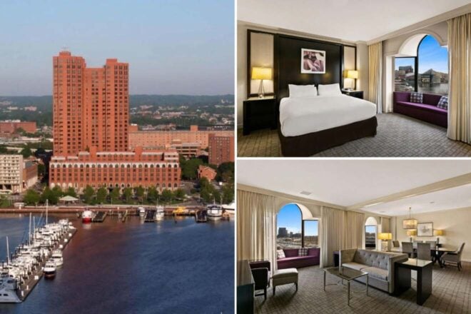Exterior of a tall red-brick hotel by a marina, with interior views showing a bedroom, living area, and large windows overlooking the city.