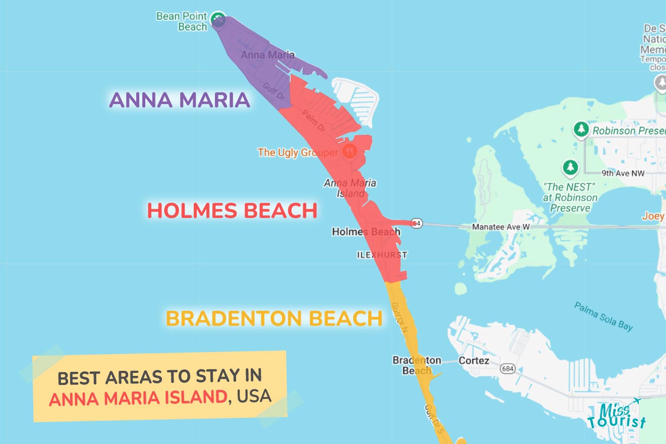 Map highlighting Anna Maria Island with areas: Anna Maria, Holmes Beach, and Bradenton Beach. Text reads: "Best Areas to Stay in Anna Maria Island, USA.