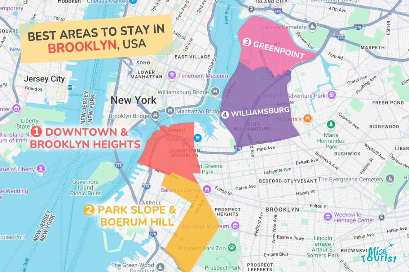 Map highlighting best areas to stay in Brooklyn: Downtown & Brooklyn Heights, Park Slope & Boerum Hill, Williamsburg, and Greenpoint.