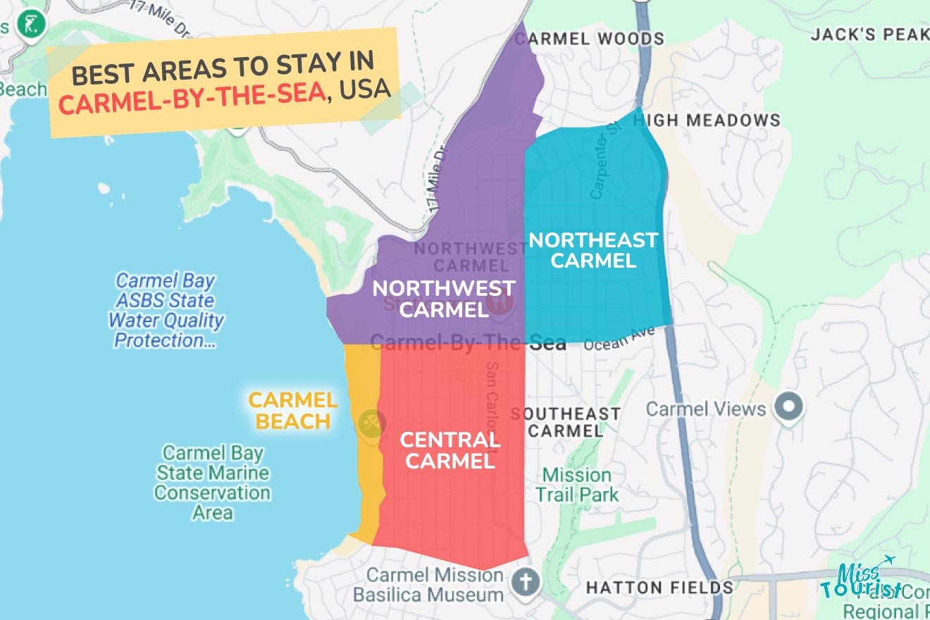 Map highlighting best areas to stay in Carmel-by-the-Sea, USA. Regions are marked as Carmel Beach, Northwest Carmel, Central Carmel, Northeast Carmel, with nearby landmarks shown.