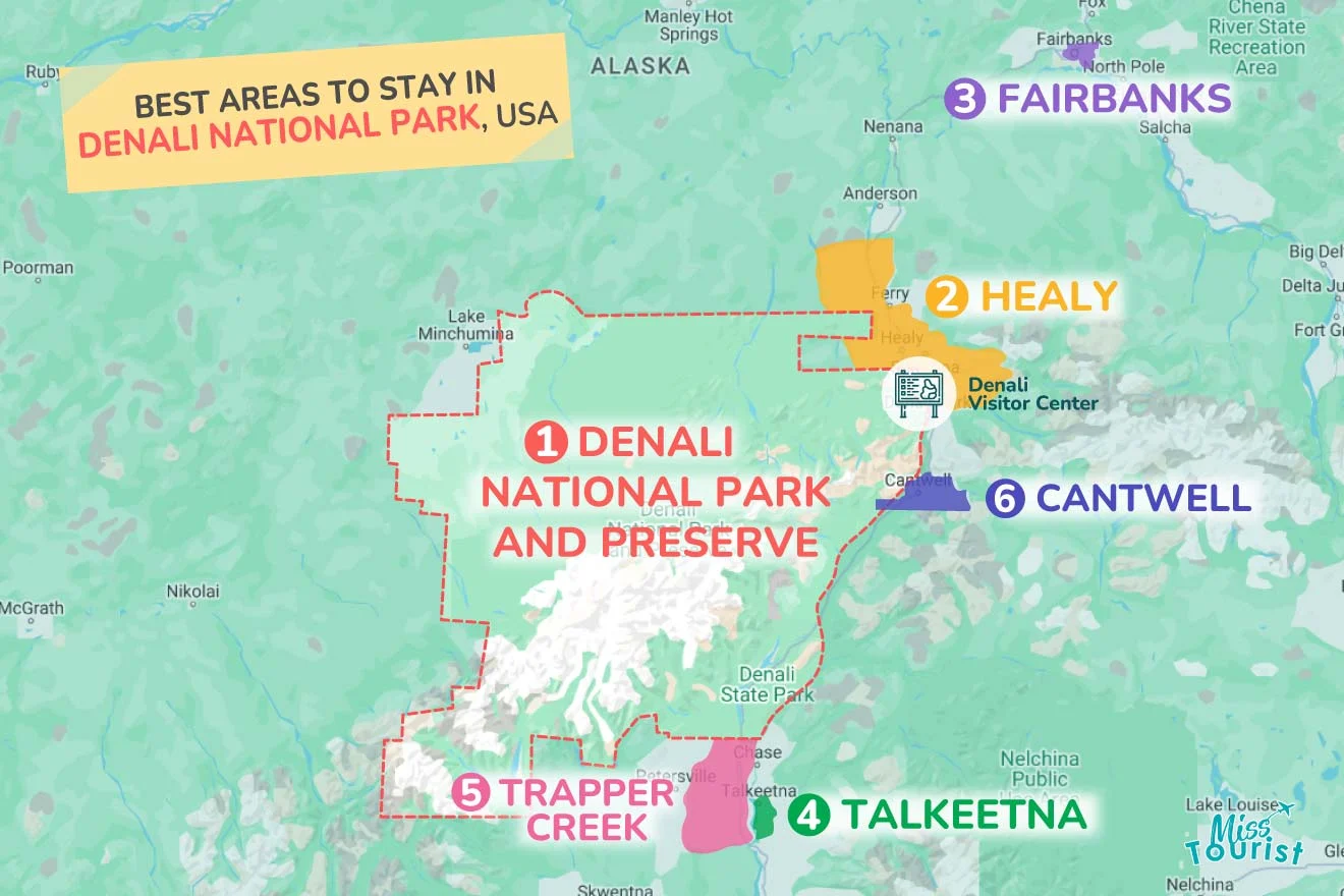 Map showing best areas to stay near Denali National Park, USA, including Denali National Park and Preserve, Healy, Fairbanks, Talkeetna, Trapper Creek, and Cantwell.