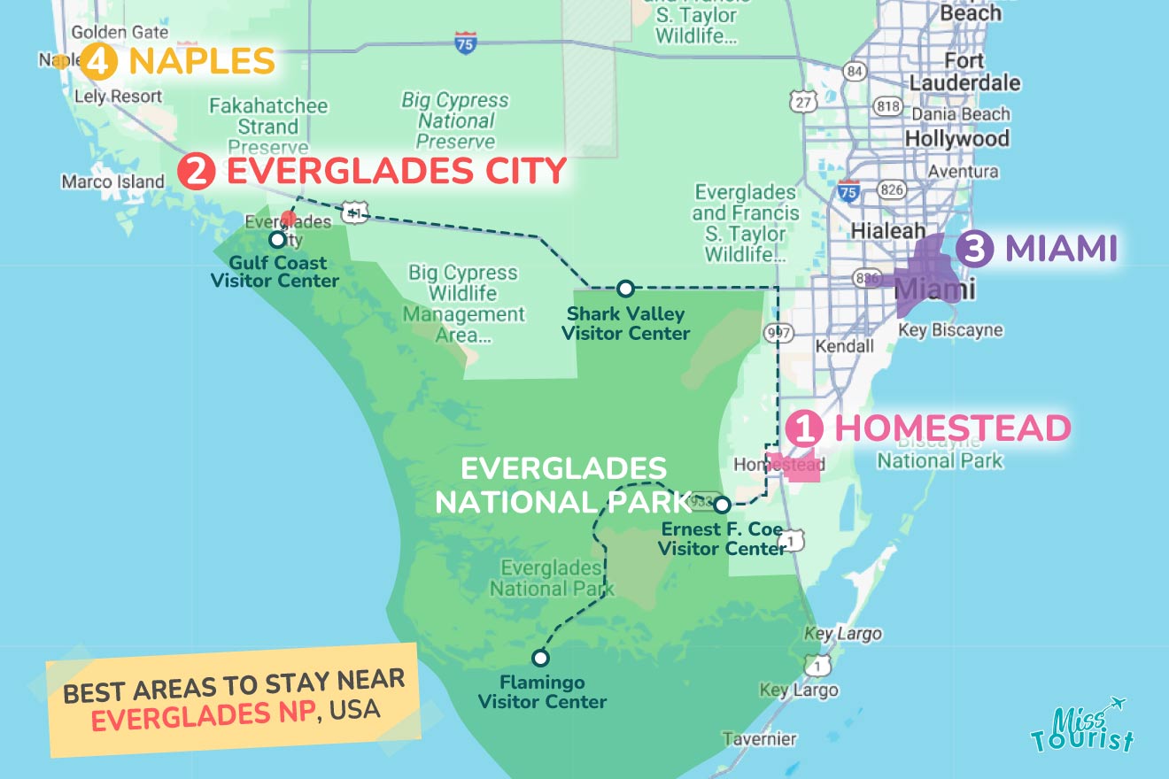 Map showing Everglades National Park, including Everglades City, Naples, Miami, and Homestead, with visitor centers and major roads highlighted.