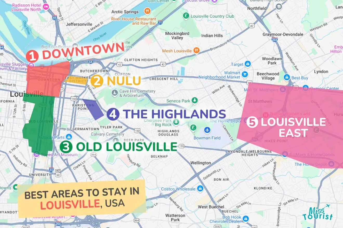 Map of Louisville, USA, highlighting five areas: Downtown, NULU, Old Louisville, The Highlands, and Louisville East.