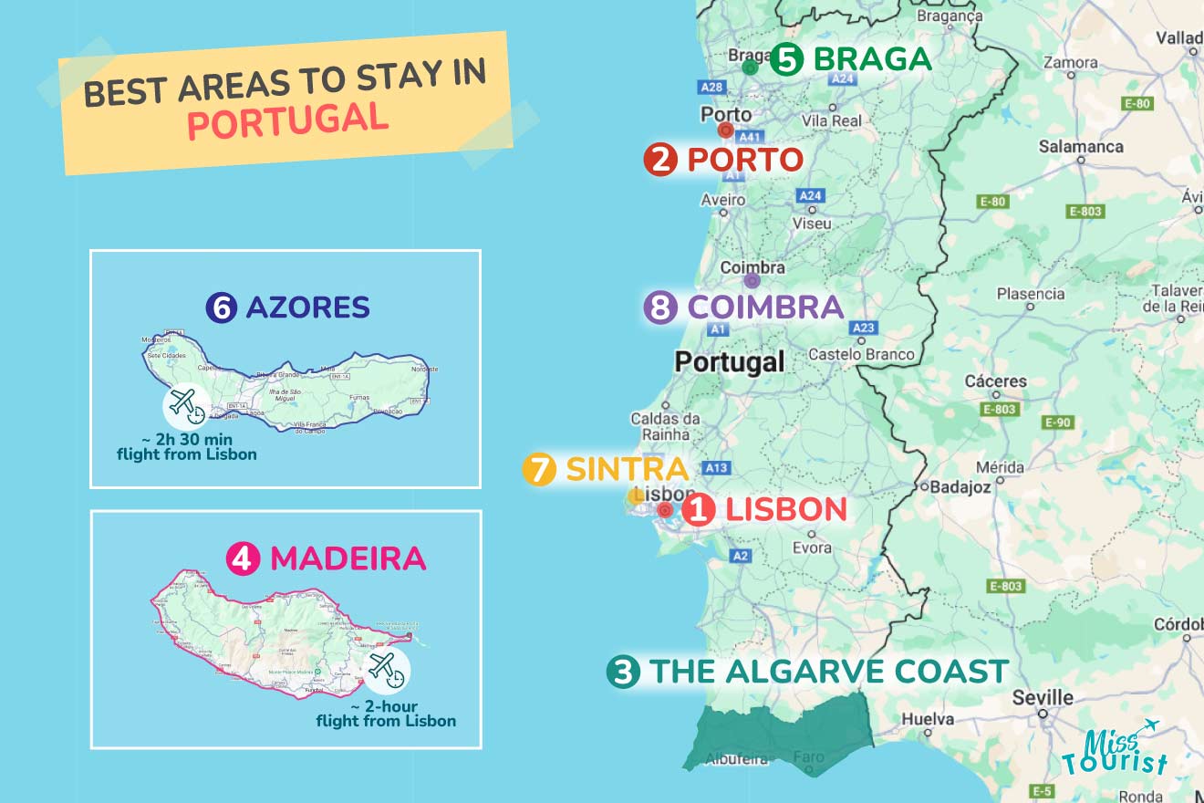 Map of Portugal highlighting best areas to stay, including Lisbon, Porto, The Algarve Coast, Madeira, Braga, Azores, Sintra, and Coimbra.