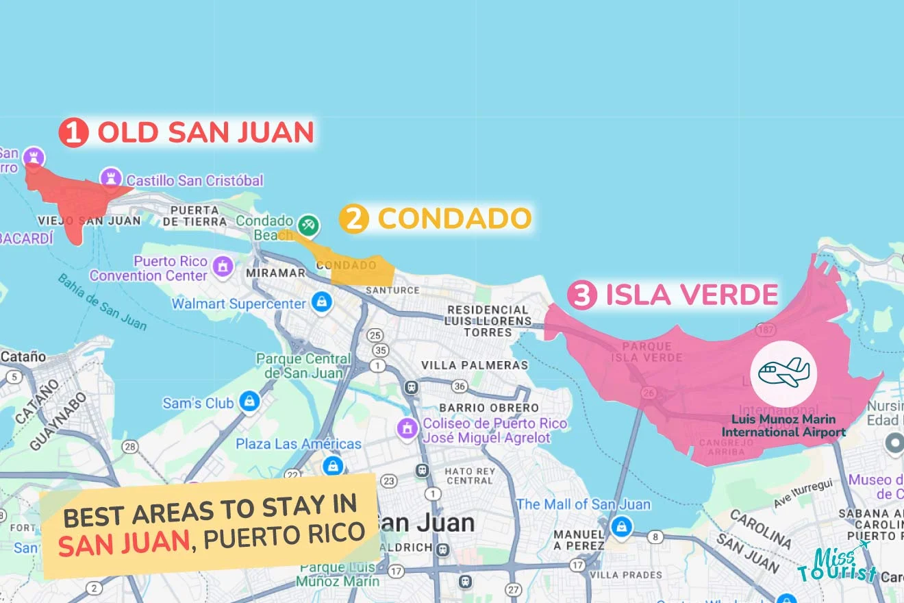 Map highlighting areas in San Juan, Puerto Rico: Old San Juan, Condado, and Isla Verde, with a marker for Luis Muñoz Marín International Airport.