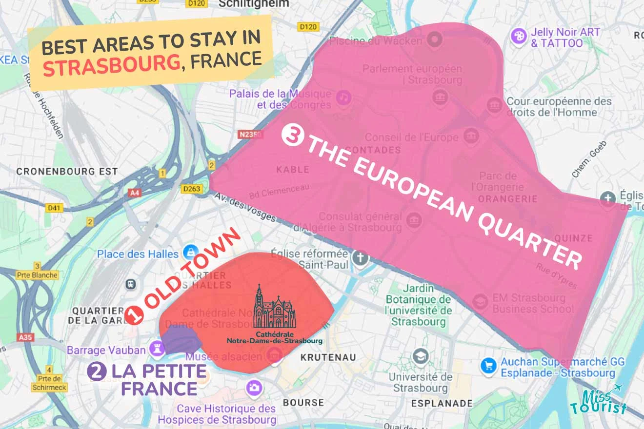 Map highlighting the best areas to stay in Strasbourg, France: 1. Old Town, 2. La Petite France, 3. The European Quarter.