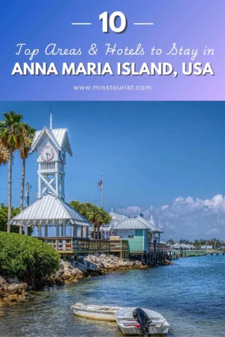 Scenic view of a clock tower and small building on a pier with a boat in the water, promoting Anna Maria Island, USA.