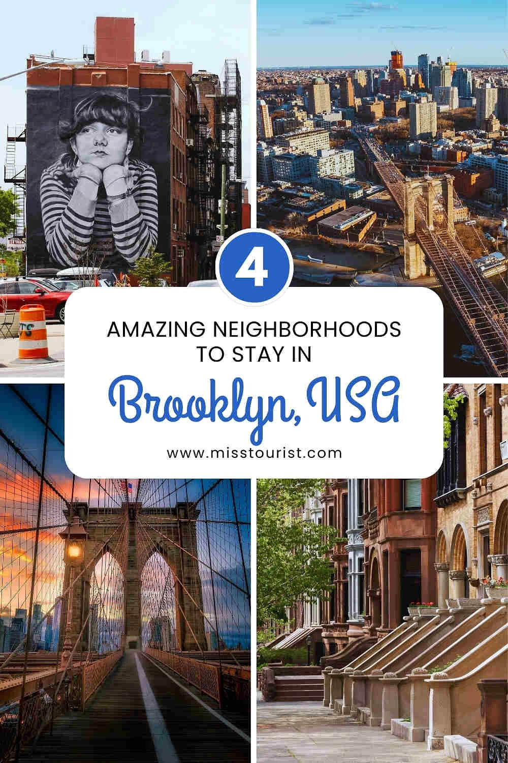 Collage of Brooklyn images: street art mural, aerial city view, Brooklyn Bridge, and a row of brownstones. Text overlay: