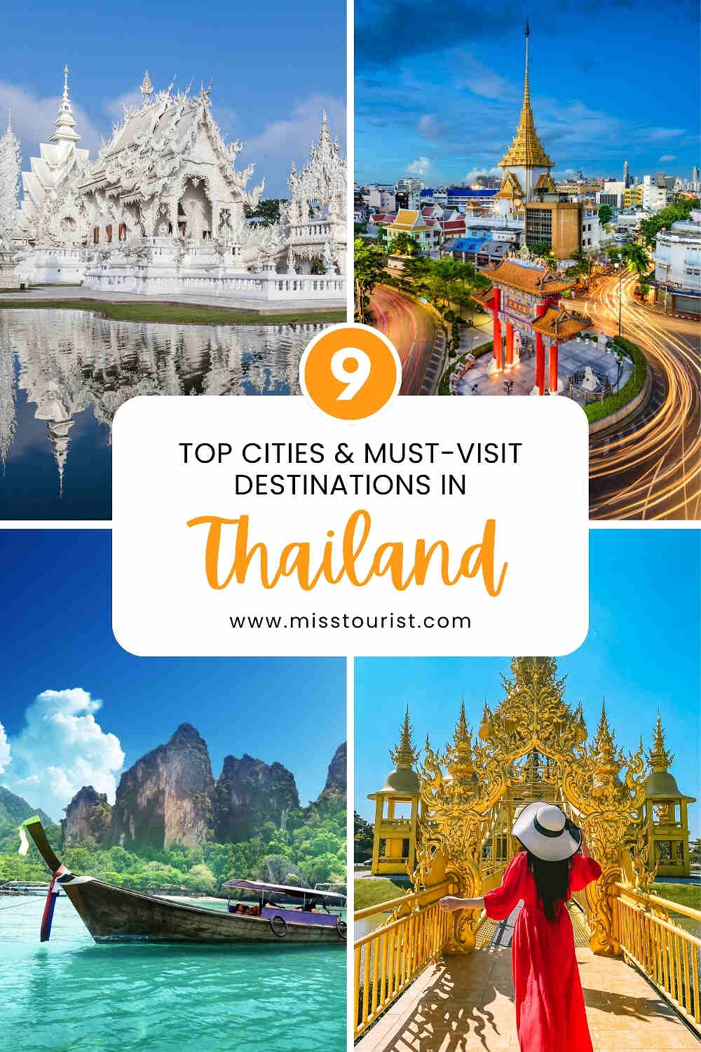 Collage of landmarks in Thailand featuring temples, a longtail boat on the water, and a tourist in a red dress with text: 