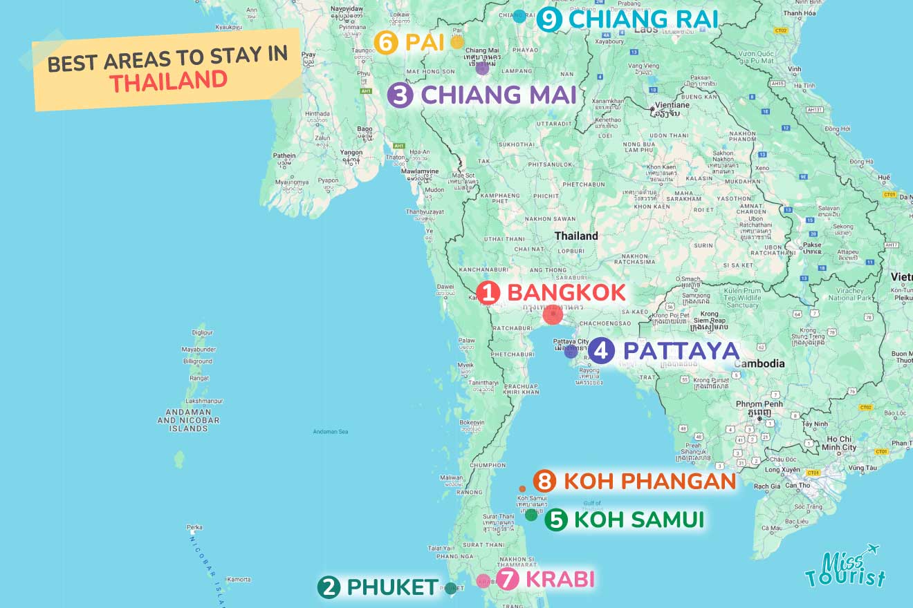 Map of Thailand highlighting the best areas to stay: Bangkok, Phuket, Chiang Mai, Pattaya, Koh Samui, Pai, Krabi, Koh Phangan, and Chiang Rai. Ocean and neighboring countries are visible.