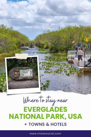 Airboats on a waterway in a lush, green landscape of Everglades National Park, USA. Sign and photo insert with text: 