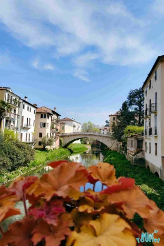 A stone bridge spans a canal lined with buildings under a blue sky, with autumn leaves in the foreground and the Miss Tourist logo in the corner.