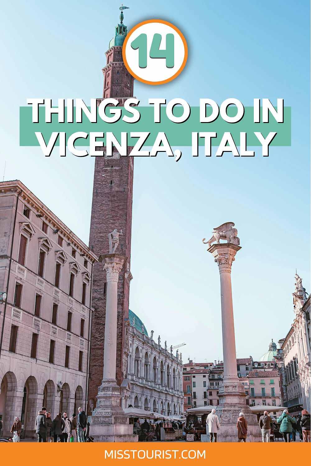 A view of a historic square in Vicenza, Italy, featuring old buildings, tall columns, and a clock tower under a clear blue sky. Text overlay: