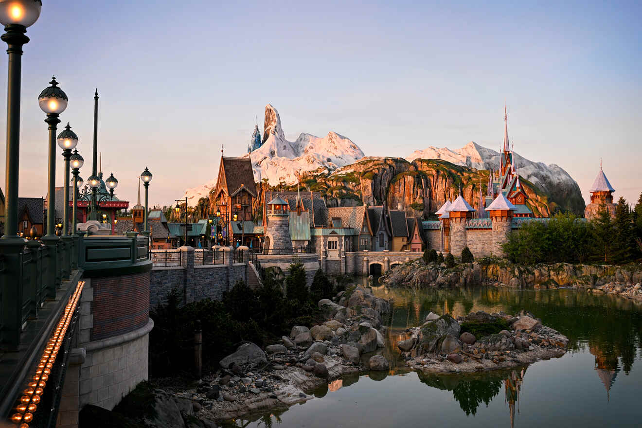 World of Frozen mountain at Disneyland Paris at golden hour