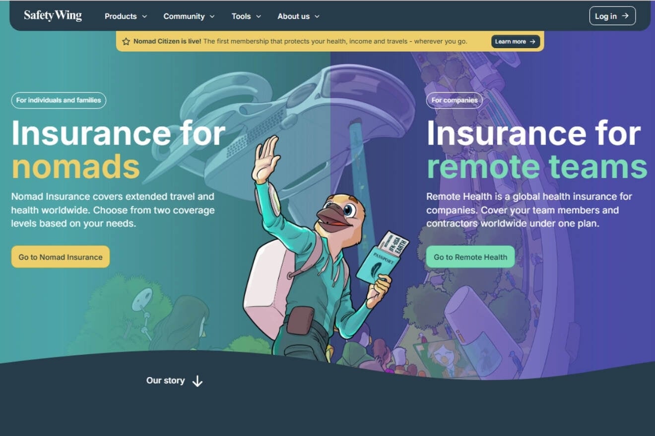 Illustration of a smiling character holding a passport and tickets, promoting insurance for nomads and remote teams with a spaceship and greenery in the background.